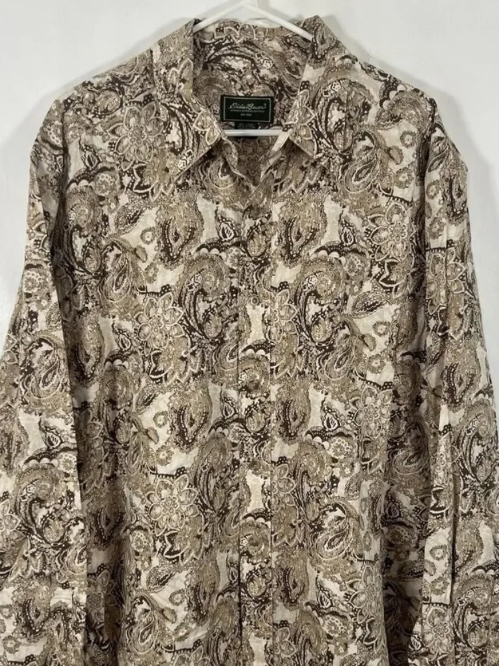 Eddie Bauer Button Up Shirt Mens XL Brown Paisley Linen Cotton Blend